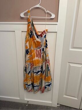 Women's Yellow Abstract Print One-Shoulder Midi Dress